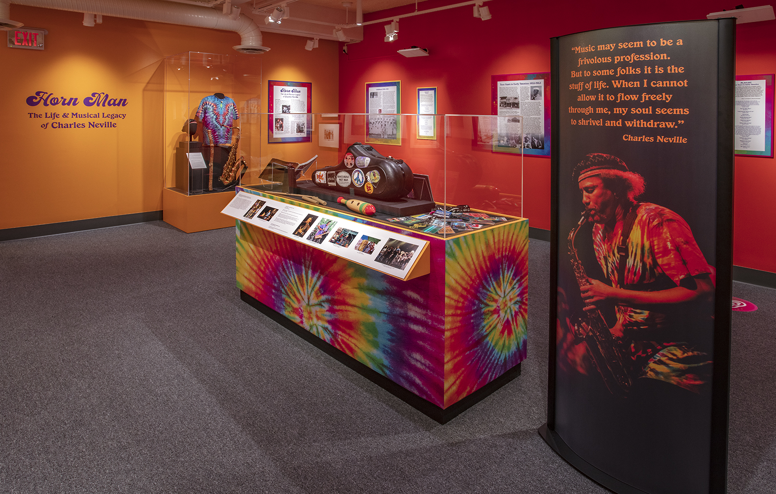 Displays and memorabilia in the Horn Man exhibition about Charles Neville