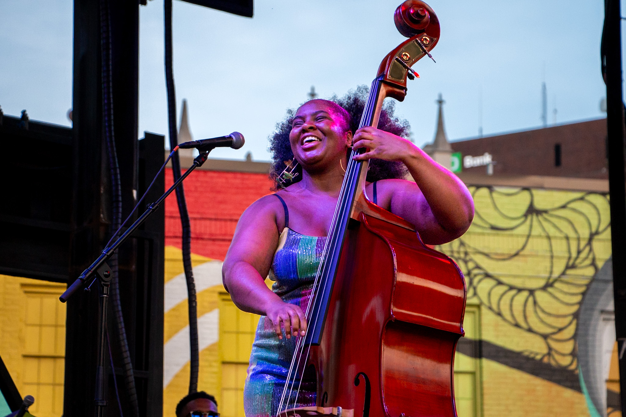 Endea Owens performing on upright bass at the Springfield Jazz & Roots Festival